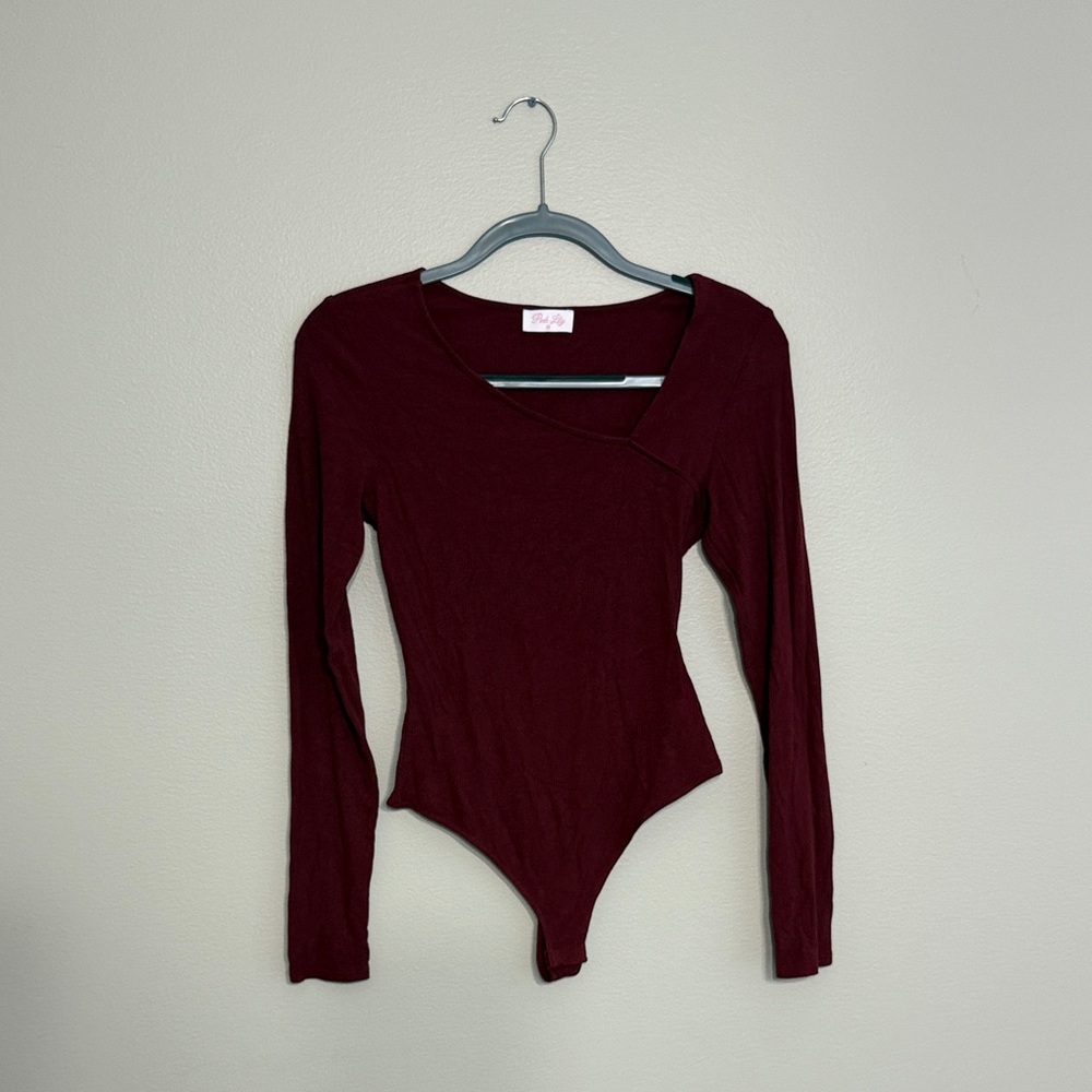 Pink Lily Maroon Asymmetrical Bodysuit